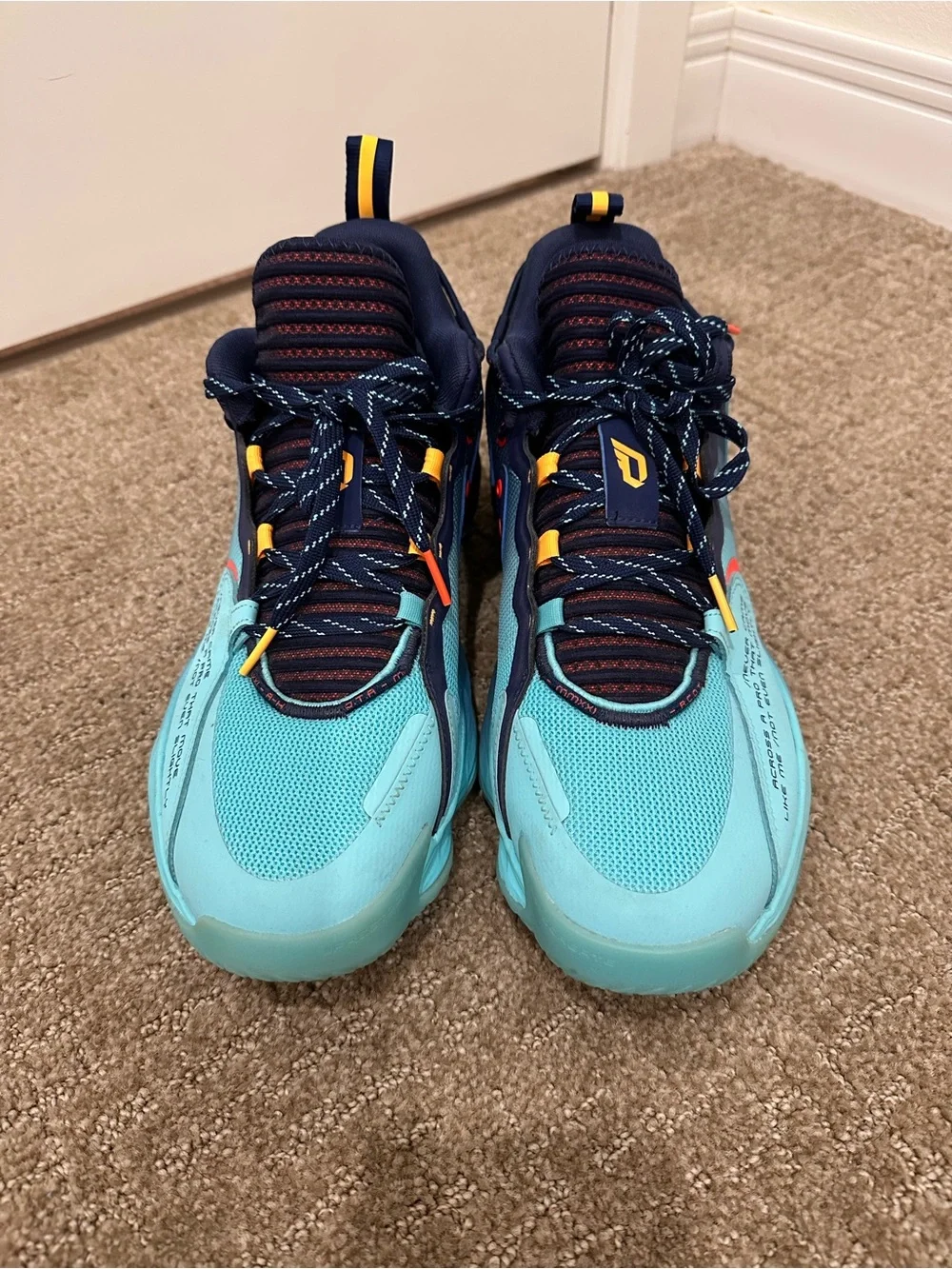 Adidas Dame 7 EXTPLY Sneakers - Aqua, Navy & Orange Accents